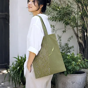 Embroidered canvas tote bag with batik lining pockets Sashiko old tree nature inspired