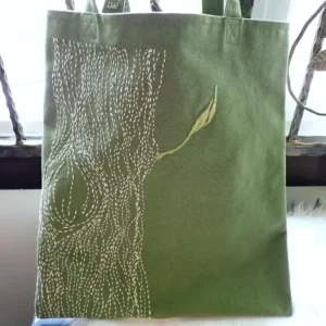 Embroidered canvas tote bag with batik lining pockets Sashiko old tree nature inspired