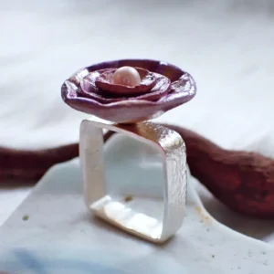 Porcelain flower on square sterling silver ring band handmade inspired by nature