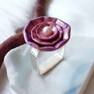 Porcelain flower on square sterling silver ring band handmade inspired by nature