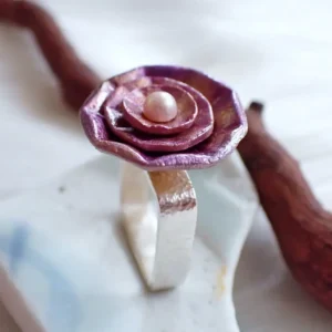 Porcelain flower on square sterling silver ring band handmade inspired by nature