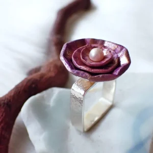 Porcelain flower on square sterling silver ring band handmade inspired by nature