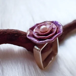 Porcelain flower on square sterling silver ring band handmade inspired by nature