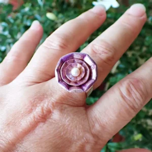 Porcelain flower on square sterling silver ring band handmade inspired by nature