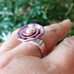 Porcelain flower on square sterling silver ring band handmade inspired by nature