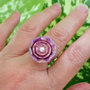 Porcelain flower on square sterling silver ring band handmade inspired by nature